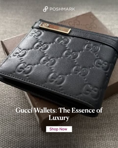 This ad showcases a black Gucci wallet. The ad emphasizes the luxury and style of the product. The ad is likely designed