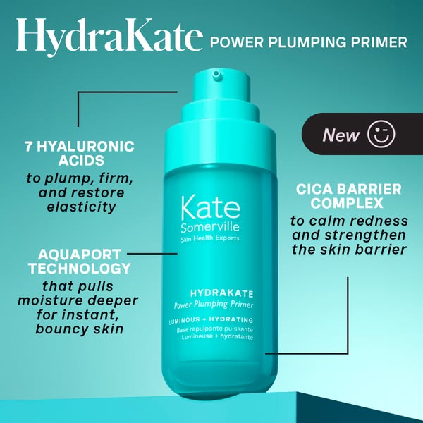 This ad showcases the Kate Somerville HydraKate Power Plumping Primer and its key features, like the 7 Hyaluronic Acids 
