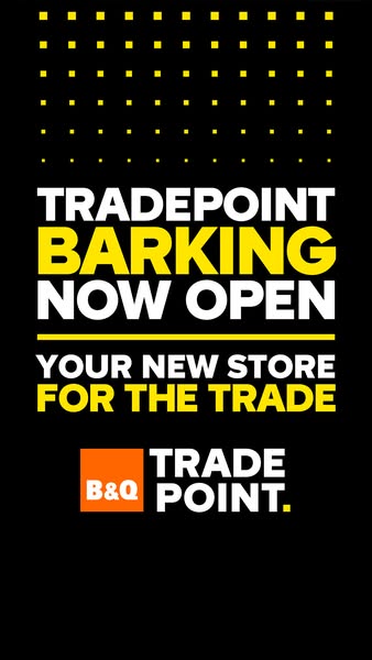 This ad is for TradePoint Barking, announcing the grand opening of their new store. It features a black background with 