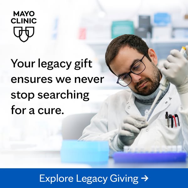 This image ad for Mayo Clinic encourages viewers to contribute a "legacy gift," which will help ensure that th