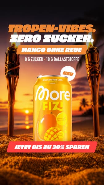 This ad promotes More FIZ! mango-flavored soda as a zero-sugar beverage that offers tropical vibes. It highlights the cu