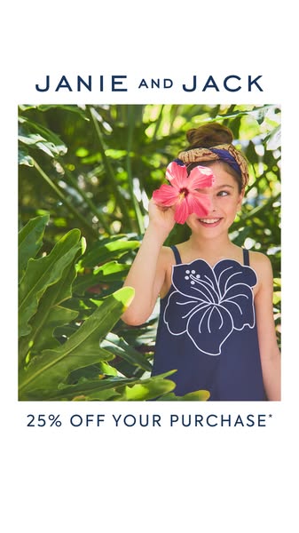 This Janie and Jack image ad features a young girl in a dress with a hibiscus flower on it, holding a real hibiscus flow