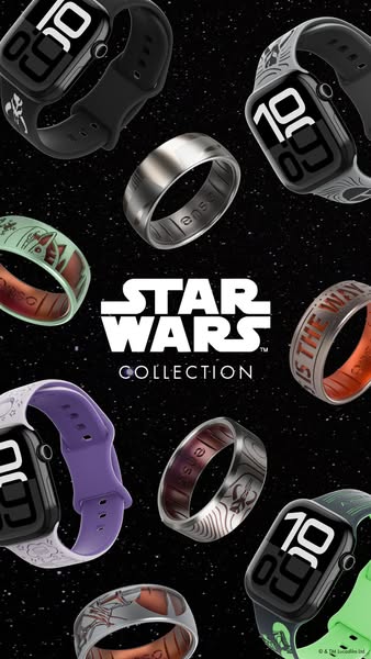 The ad showcases a new Star Wars collection of rings and Apple Watch bands. Several product variations are shown against