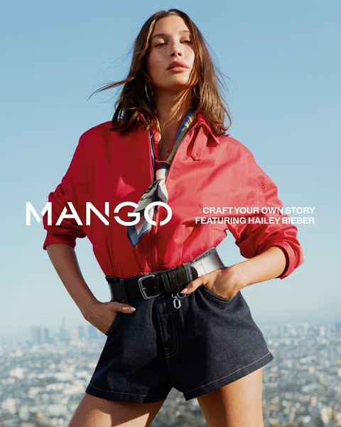 This ad showcases Mango's new line with Hailey Bieber. The image features the model/celebrity wearing a Mango outfit
