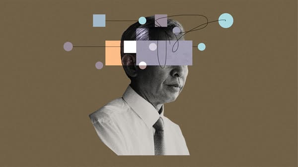 An image ad featuring a monochromatic portrait of a person with various shapes obscuring their face and surrounding them