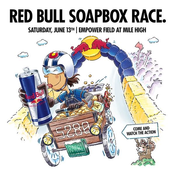 This ad promotes the Red Bull Soapbox Race event. The visual style is cartoonish and playful, featuring an energetic cha