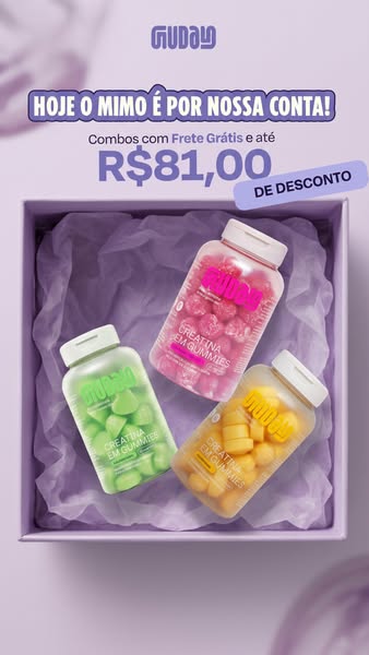 This image ad showcases Guday's Creatina em Gummies, which are creatine gummies, presented in a box. The ad highligh