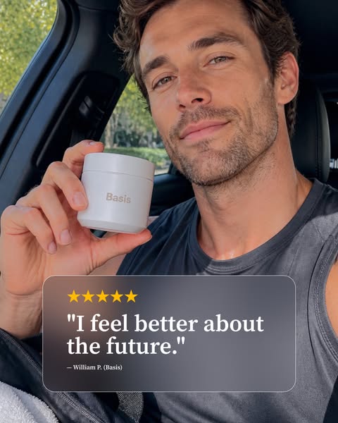 A man is holding the Basis product, and below that, a testimonial about the product is shown.