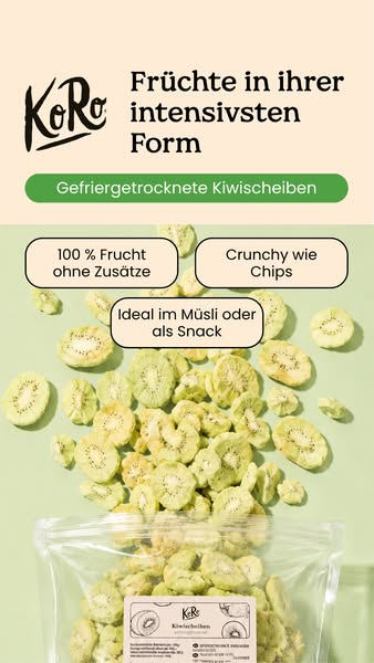 An ad featuring freeze-dried kiwi slices in a clear plastic bag with an image of freeze-dried kiwi with on-screen text m