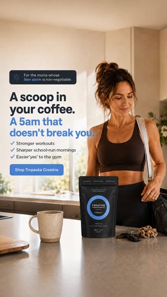 This image ad for Tropeaka Creatine focuses on time-strapped mothers who need a boost in their workout performance and e