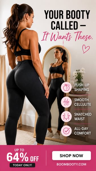 This image ad features a woman in activewear and promotes BoomBooty leggings. The ad highlights the leggings' featur