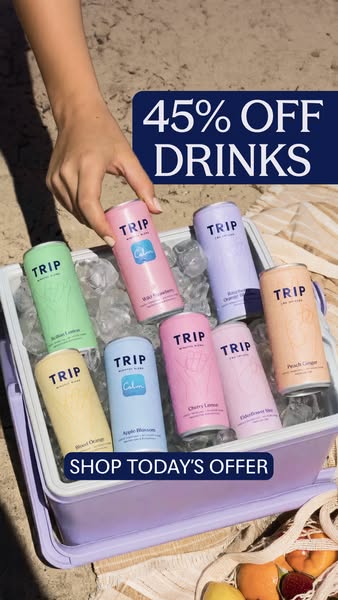 This ad promotes TRIP drinks, offering a 45% discount. The ad features an image of TRIP cans in a cooler with ice and is