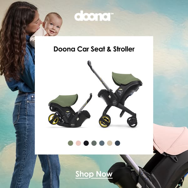 This ad promotes the Doona Car Seat & Stroller, highlighting its availability in multiple colors. The image features