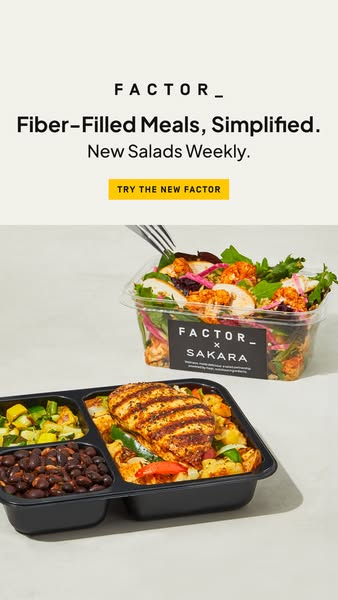 This image ad showcases Factor meals, emphasizing their fiber-filled content and simplicity. It features a salad and a c