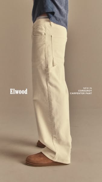 This ad showcases Elwood's new corduroy carpenter pants. The ad features a person wearing the pants and brown shoes.