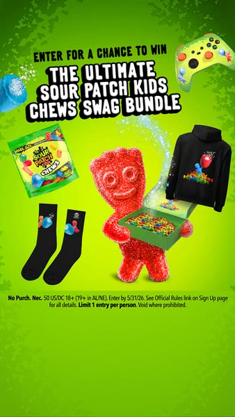 This is an advertisement for a Sour Patch Kids giveaway sweepstakes. The grand prize is a bundle of Sour Patch Kids them