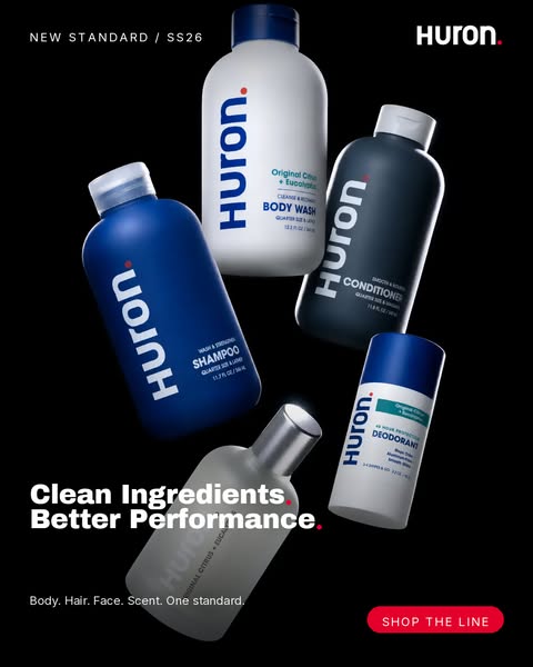 This image ad features several Huron brand products for body, hair, face, and scent. The headline conveys that Huron pro