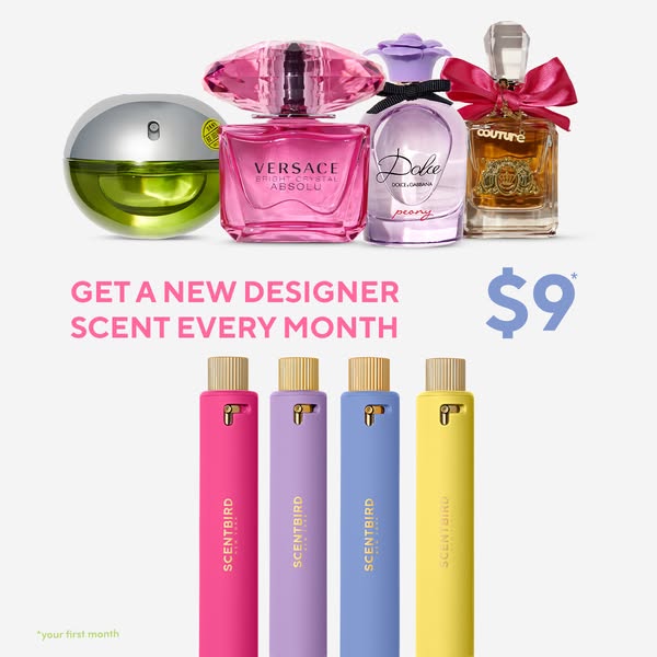 The ad showcases Scentbird, a fragrance subscription service. It displays an array of designer perfume bottles along wit