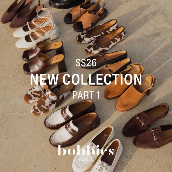 This ad showcases Bobbies Paris' new shoe collection, featuring a variety of styles in a flat lay arrangement.