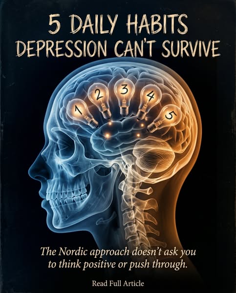 The ad promotes an article outlining five daily habits that can help manage depression, adopting a 'Nordic approach&