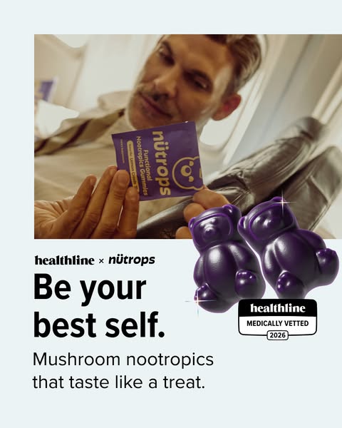 This image ad for Nütrops features a man on a plane holding a pack of the brand's mushroom nootropic gummies. The ad