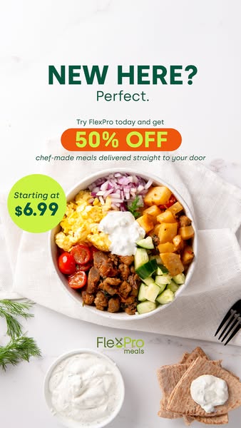 This ad showcases a chef-made meal delivery service, targeting new users with a compelling offer of 50% off. The ad feat