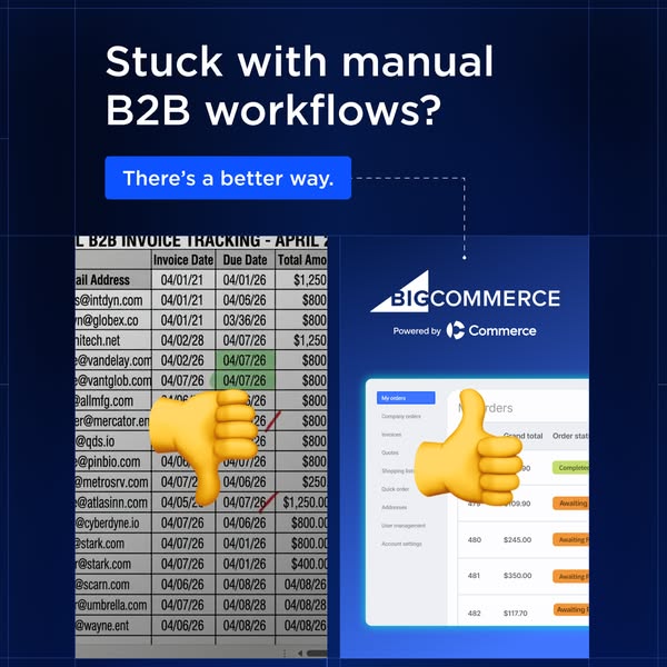 The image ad highlights the pain points of manual B2B workflows and presents BigCommerce as a solution with a better way