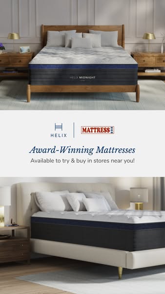 A cleanly shot ad displays two Helix mattresses to promote award-winning quality. Each mattress sits on a stylish bed fr
