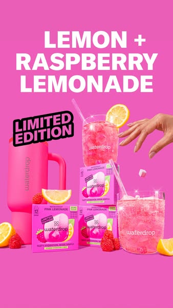 This ad promotes Waterdrop's Lemon + Raspberry Lemonade flavor. It features a pink color scheme with a straw cup and