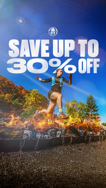 This ad for Spartan promotes savings of up to 30% off. It features a person jumping over a fire pit with Spartan brandin
