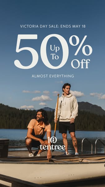 An outdoor-themed vertical image ad shows two men in front of a lake and forest. The headline promotes a 50% off sale, w