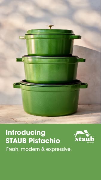 Ad showcasing the new STAUB Pistachio line of cookware.