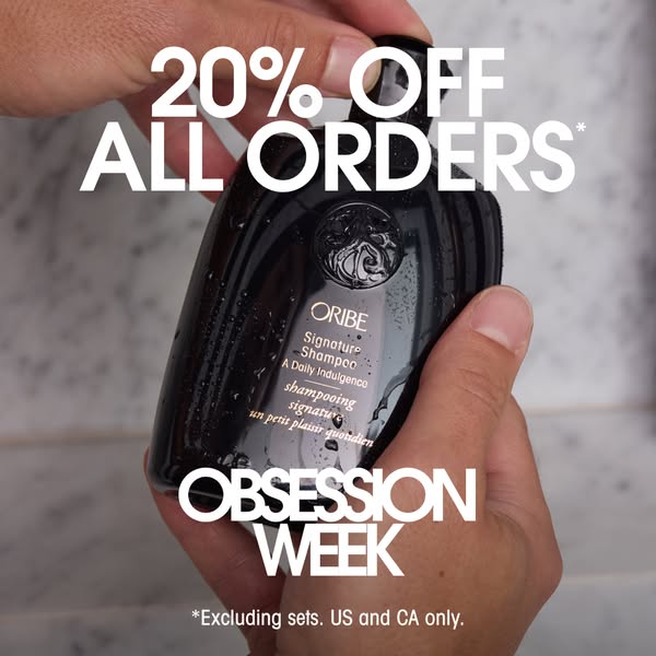 This image ad promotes Oribe hair products, highlighting a 20% off sale during 'Obsession Week.' The ad features