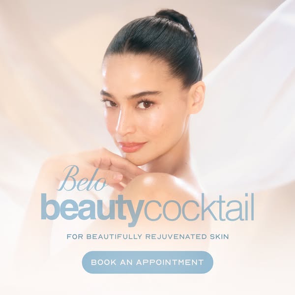 This ad for Belo Beauty Cocktail features a woman with clear skin and neutral-toned makeup in front of a soft, light bac