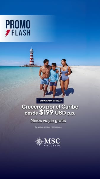 This image ad for MSC Cruises promotes Caribbean cruises starting at $199 USD per person, with children traveling for fr