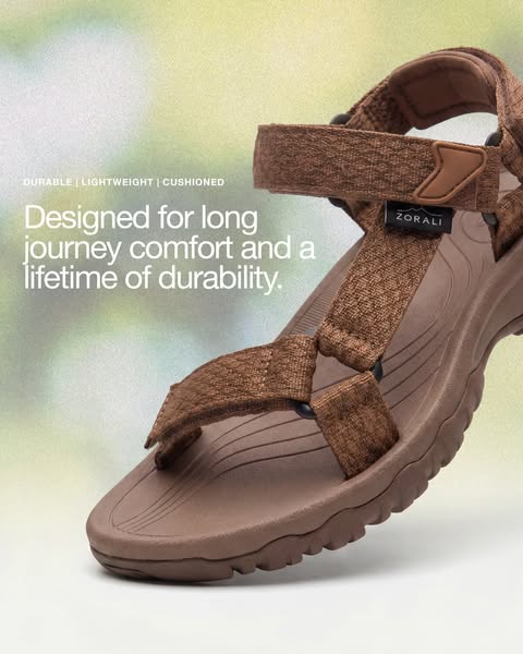 This image ad for Zorali sandals highlights the comfort and durability of the product, designed for long journeys and a 