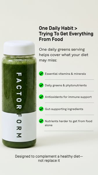 This ad promotes Factor Form's daily greens supplement by highlighting how it can help fill nutritional gaps in your