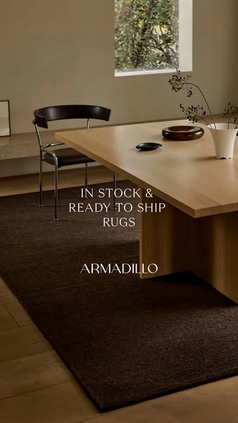 This image ad for Armadillo rugs features a neutral-toned room with a dark brown rug and is promoting that rugs are in s
