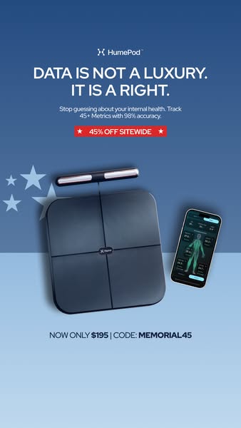 This ad for the HumePod smart scale emphasizes the importance of tracking health metrics and offers a sitewide discount 