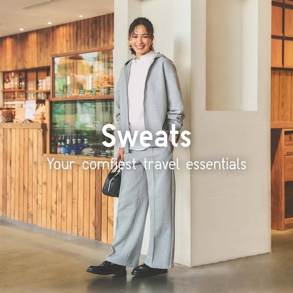 This image ad features a woman wearing a matching gray sweatsuit. The ad highlights the versatility and comfort of sweat