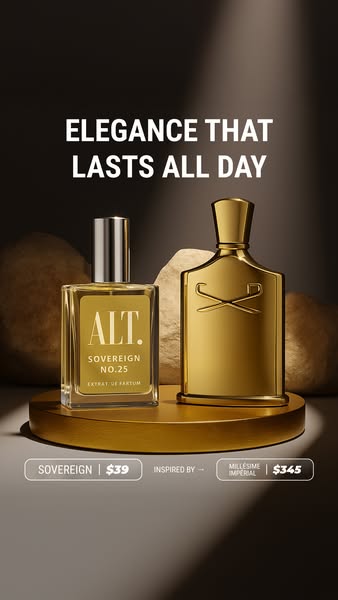 This ad promotes the ALT. Sovereign No. 25 and Millésime Imperial fragrances, emphasizing the lasting elegance of ALT. a
