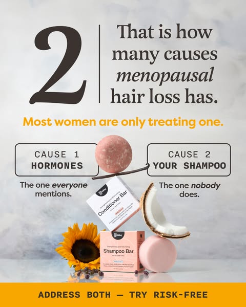 This ad identifies two causes of menopausal hair loss, the first being hormones, and the second being the viewer's c