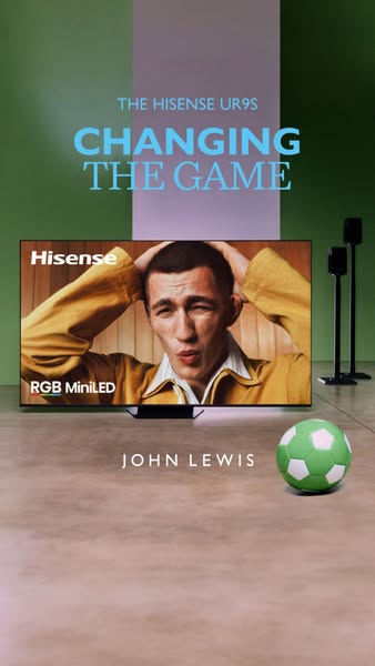 This image promotes the Hisense UR9S TV sold at John Lewis, with a focus on its game-changing features and RGB MiniLED t