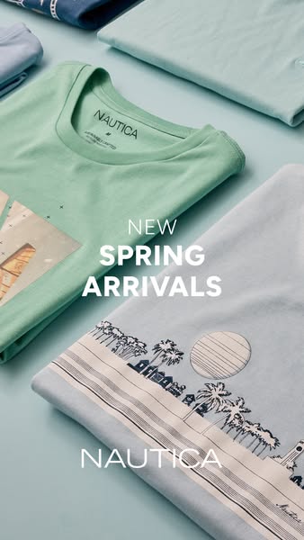 This image ad showcases several folded Nautica T-shirts in varying colors and designs, highlighting the brand's new 