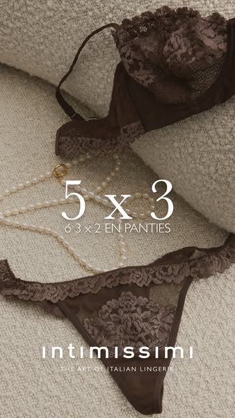 This ad for Intimissimi features an image of a bra and thong set in a light brown color with lace detailing. It highligh