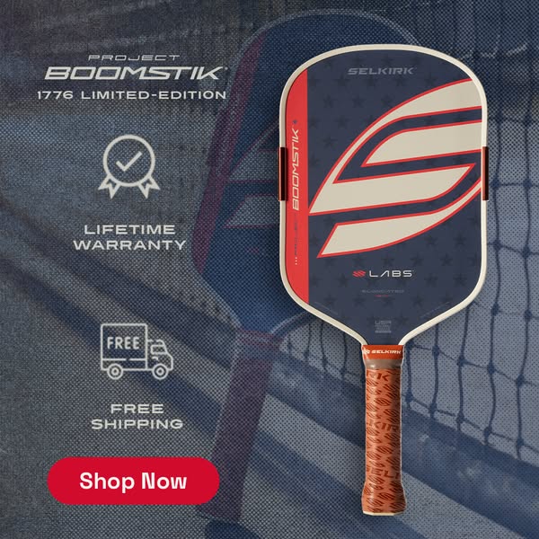 This ad for the Selkirk PROJECT BOOMSTIK paddle provides product details, a lifetime warranty, and free shipping.