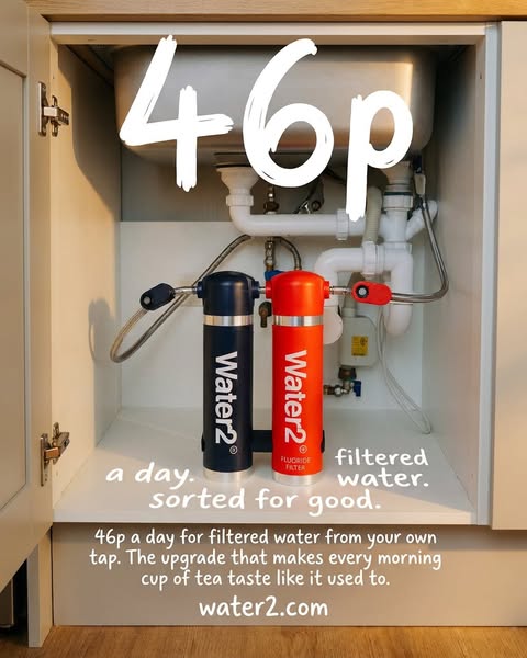 This image ad showcases Water2's filtration system by highlighting that it costs 46p a day and upgrades the taste of