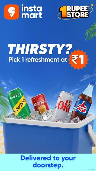 This image promotes Instamart's "1 Rupee Store" by offering a selection of chilled beverages for a special