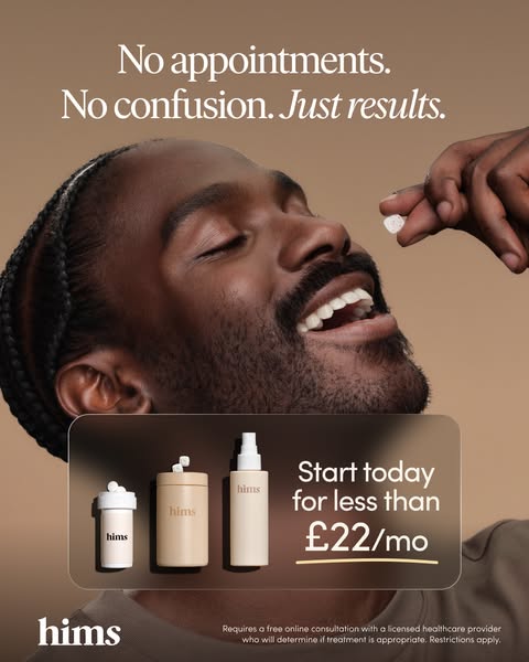 An ad for Hims features a close-up of a man about to take a tablet. Text promotes no appointments, no confusion, and jus