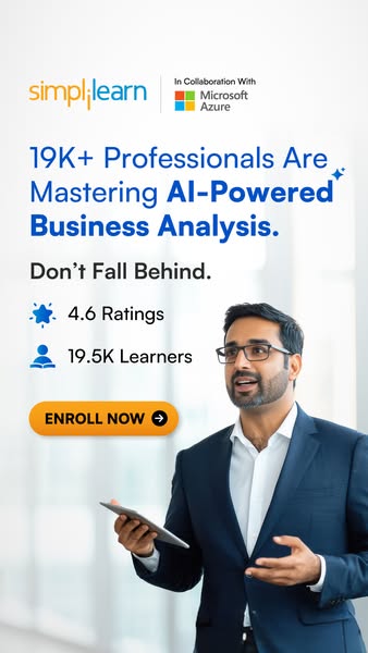 This image ad promotes Simplilearn's AI-Powered Business Analysis course. It highlights that over 19,000 professiona